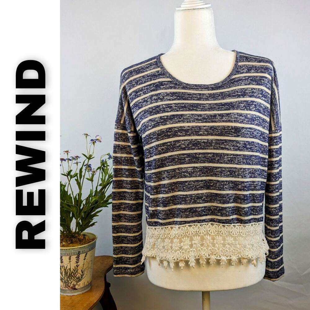 Rewind Jersey Top Medium Blue Ivory Stripe Crocheted Hem Nautical Coastal Preppy